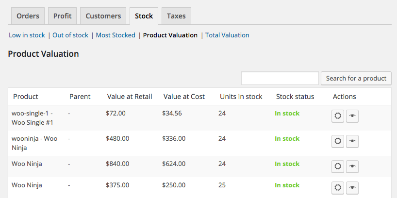 WooCommerce Cost of Goods Product valuation