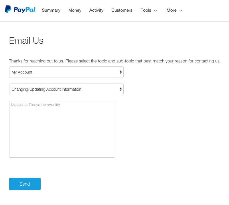 Screenshot of the PayPal Support Form